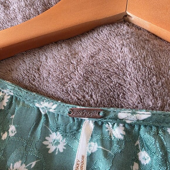 Free People Bond Street Mini Dress Green Floral Ruched Puff Sleeve Size 4 - Picture 14 of 16